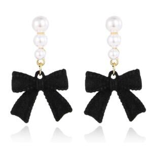 Black Bow Pearl Drop Earrings